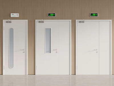 White Interior Doors Featuring Various Glass Designs And Safety Exit Signs 3d model