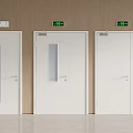 White Interior Doors Featuring Various Glass Designs And Safety Exit Signs