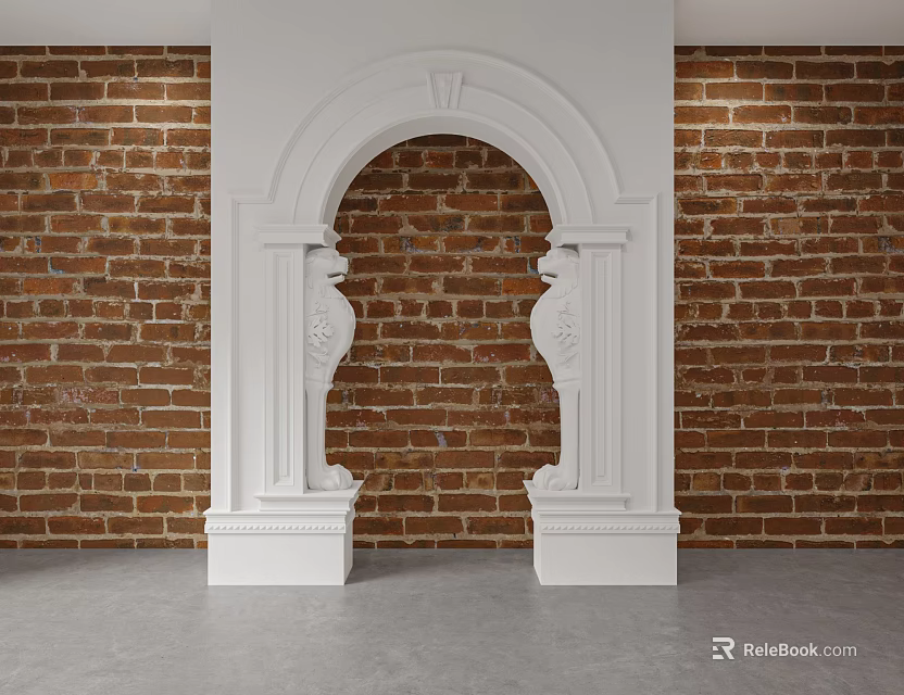 White Ornate Arched Doorway With Carved Pillars Against Red Brick Wall 3d model 
