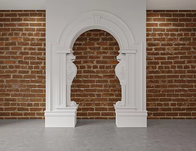 White Ornate Arched Doorway With Carved Pillars Against Red Brick Wall 3d model