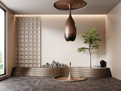 Indoor Landscape Sculpture With Hanging Pendant Circular Base Small Rock Formations And Tree 3d model