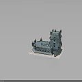 Historic Teal Castle Tower Architecture With Spired Turrets Arched Windows And Stone Platform