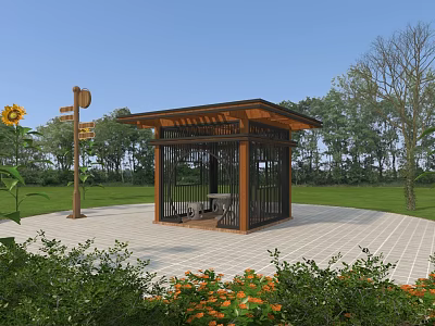 Outdoor Wooden Pavilion In Park With Green Plants Sunflowers Paved Ground And Signpost 3d model