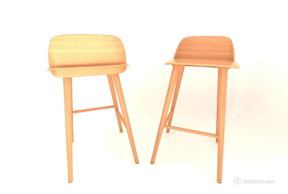 Two Wooden Bar Stools With Simple Modern Design And Light Wood Color 3d model 
