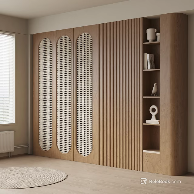 Modern Wooden Wardrobe With Circular Perforated Doors And Side Storage Bookshelf Unit In Interior Design 3d model 