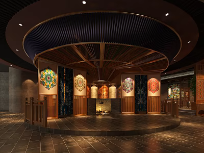 Chinese Style Interior With Circular Ceiling Wooden Decor Fireplace And Colorful Paintings 3d model