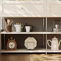 Modern White Sideboard Featuring Coffee Machine Fruits Green Plants and Storage Shelves in Sunlit Room