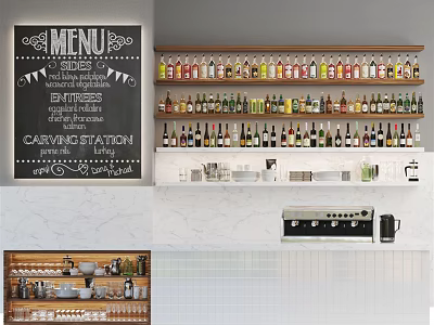 Stylish Bar Counter With Chalkboard Menu Marble Surface Wine Bottle Racks Glassware And Coffee Machine 3d model