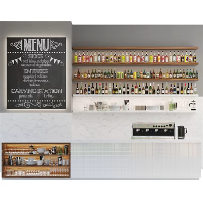 Stylish Bar Counter With Chalkboard Menu Marble Surface Wine Bottle Racks Glassware And Coffee Machine 3d model