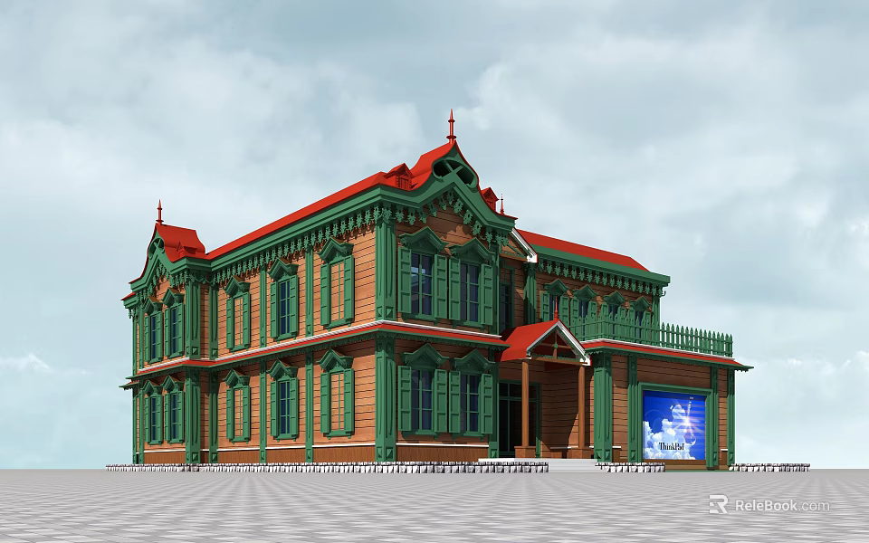 Two Story Detached Villa With Brown Exterior Green Windows Red Roof And Blue Screen 3d model 