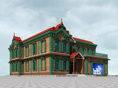 Two Story Detached Villa With Brown Exterior Green Windows Red Roof And Blue Screen 3d model
