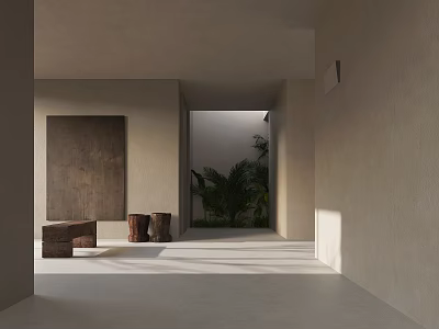 Serene Minimal Wabi Sabi Indoor Corridor With Neutral Plaster Walls Outdoor Plants And Warm Sunlight 3d model