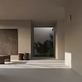 Serene Minimal Wabi Sabi Indoor Corridor With Neutral Plaster Walls Outdoor Plants And Warm Sunlight