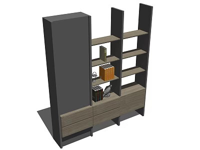 Modern Storage Cabinet with Gray Panels Wooden Drawers and Open Shelves 3d model