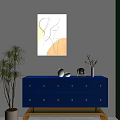 Modern Blue Console Cabinet With Golden Handles Drawers Abstract Painting And Green Plants