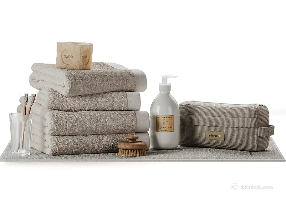 Soft Folded Bath Towels with Natural Soap Lotion and Toiletry Bag Set 3d model 