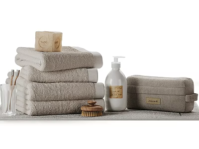 Soft Folded Bath Towels with Natural Soap Lotion and Toiletry Bag Set 3d model