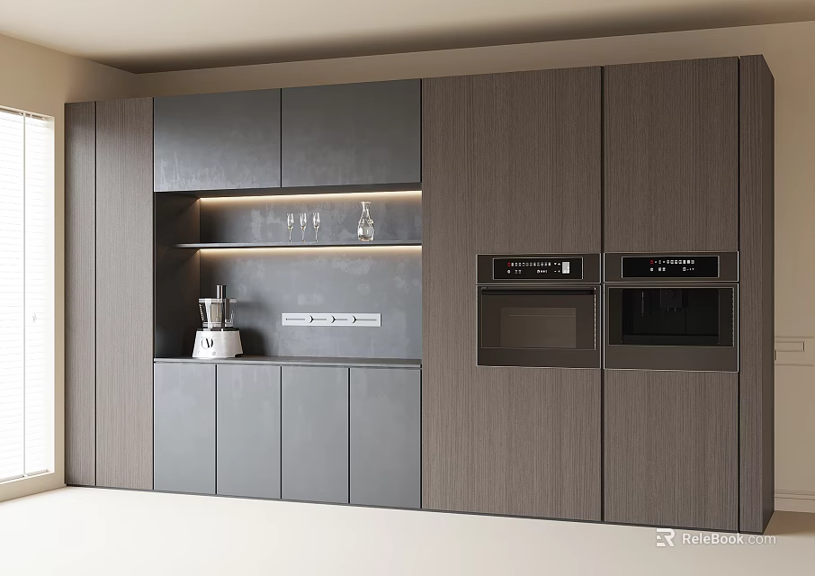Modern Gray And Wooden Sideboard With Built-in Ovens Countertop And LED Lighting 3d model 