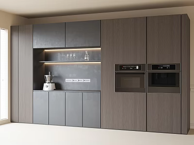 Modern Gray And Wooden Sideboard With Built-in Ovens Countertop And LED Lighting 3d model