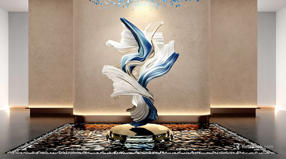 Blue And White Flowing Sculpture With Golden Base On Water Floor And Wall Background 3d model 