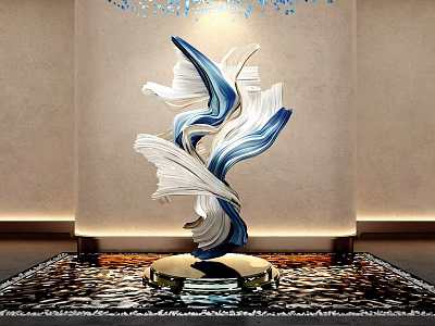 Blue And White Flowing Sculpture With Golden Base On Water Floor And Wall Background 3d model