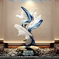 Blue And White Flowing Sculpture With Golden Base On Water Floor And Wall Background