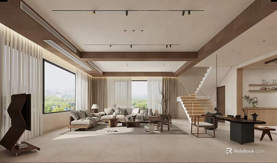 Modern Living and Dining Room Interior With Spacious Layout Large Windows Natural Light and Sofa 3d model 