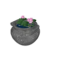 Bonsai Potted Plant With Stone Pot Scroll Handles Pink Flowers And Green Leaves