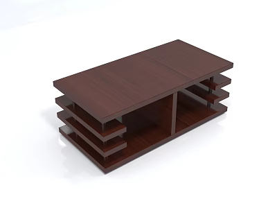 Stylish Dark Brown Wooden Coffee Table With Multiple Shelves For Living Room 3d model