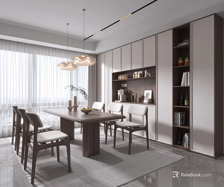 Modern Dining Room Interior With Wooden Table White Chairs Pendant Lights And Cabinets 3d model 