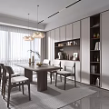 Modern Dining Room Interior With Wooden Table White Chairs Pendant Lights And Cabinets