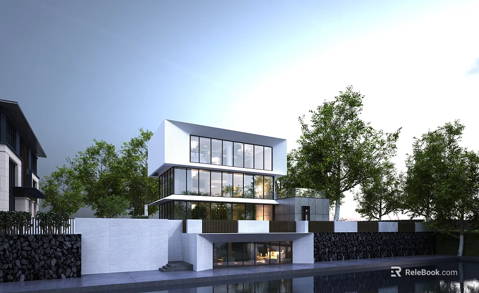 Modern Detached Villa With White Exterior Large Glass Windows Surrounding Trees And Waterfront View 3d model 
