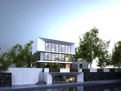 Modern Detached Villa With White Exterior Large Glass Windows Surrounding Trees And Waterfront View 3d model