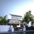 Modern Detached Villa With White Exterior Large Glass Windows Surrounding Trees And Waterfront View