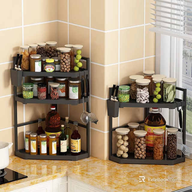 Black Kitchen Corner Racks Filled With Spice Jars And Condiment Bottles 3d model