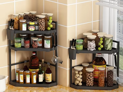 Black Kitchen Corner Racks Filled With Spice Jars And Condiment Bottles 3d model