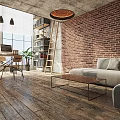 Industrial Office Space With Exposed Brick Wall Wooden Floor Sofa Bookshelf And Pendant Lights