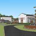 Scenic Garden Landscape With Traditional Modern Buildings Trees Playground And Parking Area