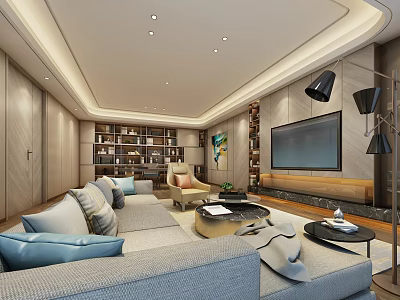 Modern Office Interior Design With Gray Sofa Bookshelves TV Floor Lamps And Coffee Table 3d model