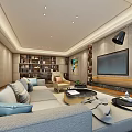 Modern Office Interior Design With Gray Sofa Bookshelves TV Floor Lamps And Coffee Table