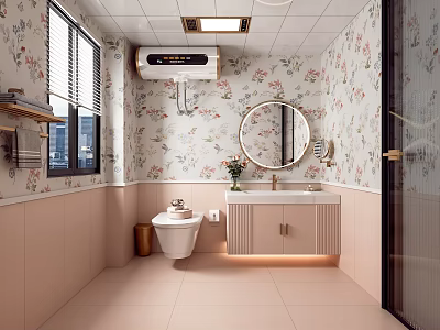 Floral Wallpaper Bathroom Interior Design With Round Mirror Vanity Toilet And Window 3d model