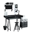 Home Office Desk And Stool Combination With Black Frame Shelves File Cabinet And Lamp