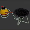 Cooking Equipment Set Including Yellow Container Red Lid And Black Frying Pan On Metal Stand