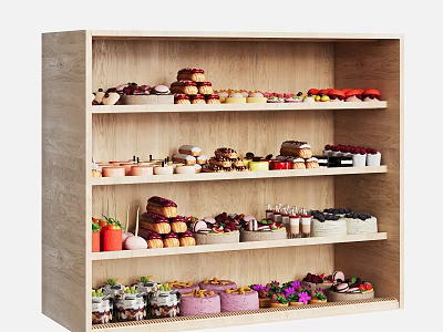 Wooden Shelf Displaying Assorted Desserts Cakes Fresh Fruits And Glass Jars 3d model