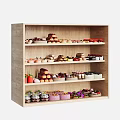 Wooden Shelf Displaying Assorted Desserts Cakes Fresh Fruits And Glass Jars