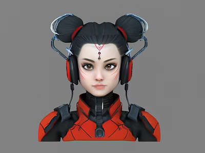 Game and Movie Character with Double Buns Red Forehead Ornament Headphones Red and Black Outfit 3d model