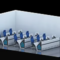 Modern Multi Workstation Control Room Desks Equipped With Monitors And Large Data Display Screen