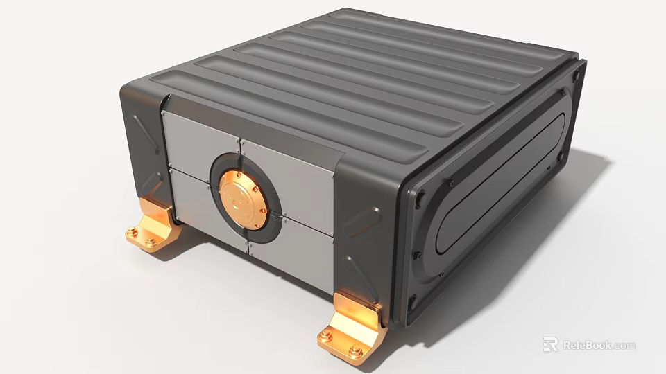 Black Industrial Equipment Enclosure Featuring Gold Support Feet Ribbed Top And Circular Component 3d model 