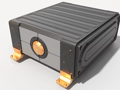 Black Industrial Equipment Enclosure Featuring Gold Support Feet Ribbed Top And Circular Component 3d model
