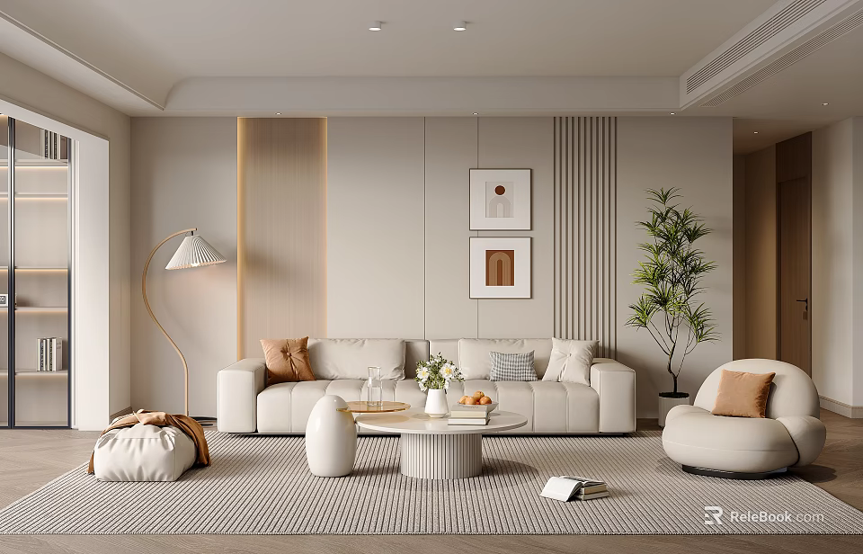 Modern Living Room With Upholstered Sofa Round Coffee Table Floor Lamp Wall Art And Plant 3d model 